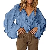 LETSVDO Women's Ruffle Chiffon Tops Puff Sleeve Sheer See Through Button Down V Neck Bubble Loose Casual Blouses Shirts