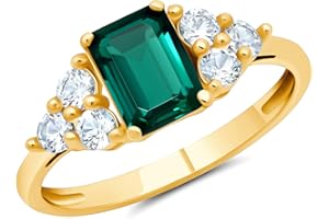 MAX + STONE 10k Yellow or White Gold Ring for Women with Emerald Cut Gemstone and Created White Sapphire Accents Birthstone Anniversary Ring Size 5 to 9