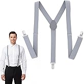 1 Inch Grey Suspenders for Men Y Shape Suspender Set with 3 Strong Clips Adjustable Braces, Y Shape with Strong Clips Adjustable Elastic Solid Color 1 Inch Wide YShape Costume Suspenders, Grey