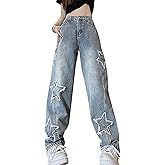 Sunidol Womens Star Jeans Baggy Cargo Jeans Vintage Casual Y2K Outfits Straight Leg Denim with Pocket