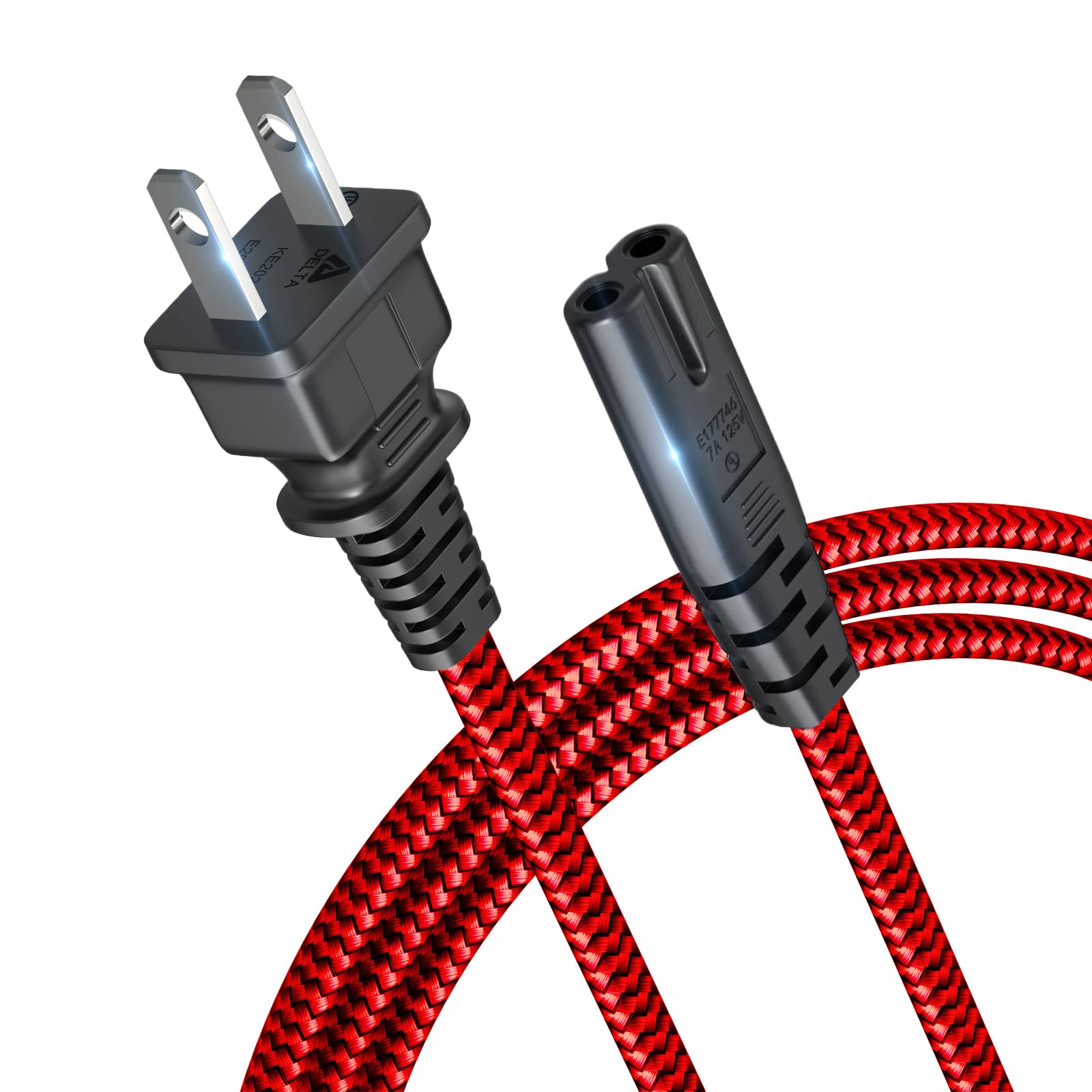 Photo 1 of Power Cord, 10FT/3M Goalfish AC Power Cable 7A 125V TV Power Cord 18AWG Braided 2 Prong Power Cable Replacement for PS5, PS4, PS3, Xbox, Speaker, Monitor, Samsung LG TV, Printer, Camera -Red