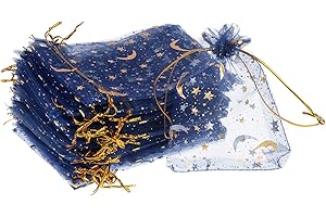 PATIKIL Moon Star Printed Organza Bags, 100 Pcs 4.72x3.5 Inch Drawstring Mini Pouches Favor Gift Candy Jewelry Bags for Chris