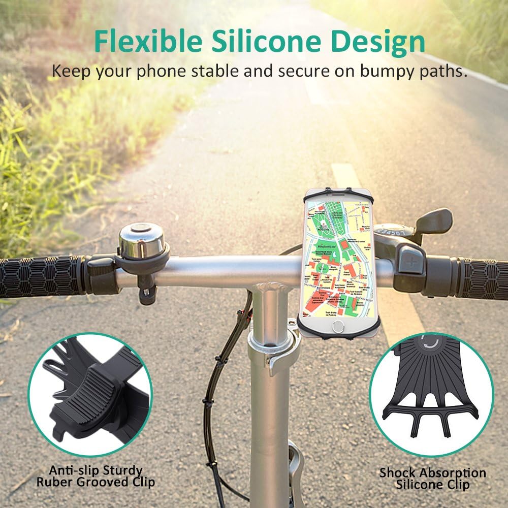 Bovon Bike Phone Mount, 360¡ãRotation Silicone Bicycle Phone Holder, Universal Motorcycle Handlebar Mount Compatible with iPhone Se/11 Pro Max/XR/XS Max/8/7/ 6/6s Plus, Galaxy S20/S9, 4.0"-6.5" Phones