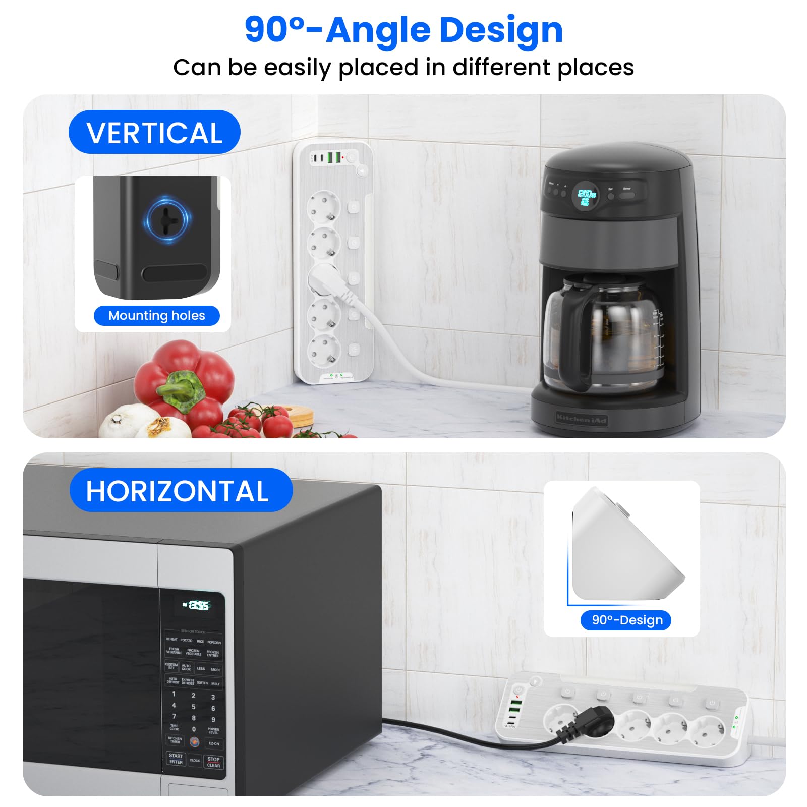 Tischsteckdose mit USB,5-Fach Steckdosenleiste Einzeln Schaltbar,Ecksteckdose Küche und Büro,Wandmontage Mehrfachsteckdose mit Schalter,Metall Steckerleiste Überspannungsschutz 2M Kabel,Weiß 5