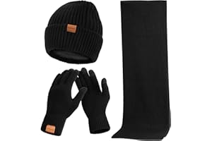 Winter Hat Scarf Gloves Set for Men Women - Warm Fleece Lined Beanie Toque Touchscreen Gloves Long Knit Scarves Black