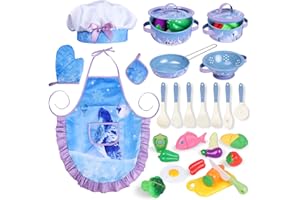 Magic4U Kids Cooking Set with Toddler Chef Costume, 28Pcs Play Kitchen Accessories Including Apron, Pots and Pans Sets, Play Food, Cutting Vegetables, Toys Utensils for Girls Ages 3-8 (Blue-Frozen)