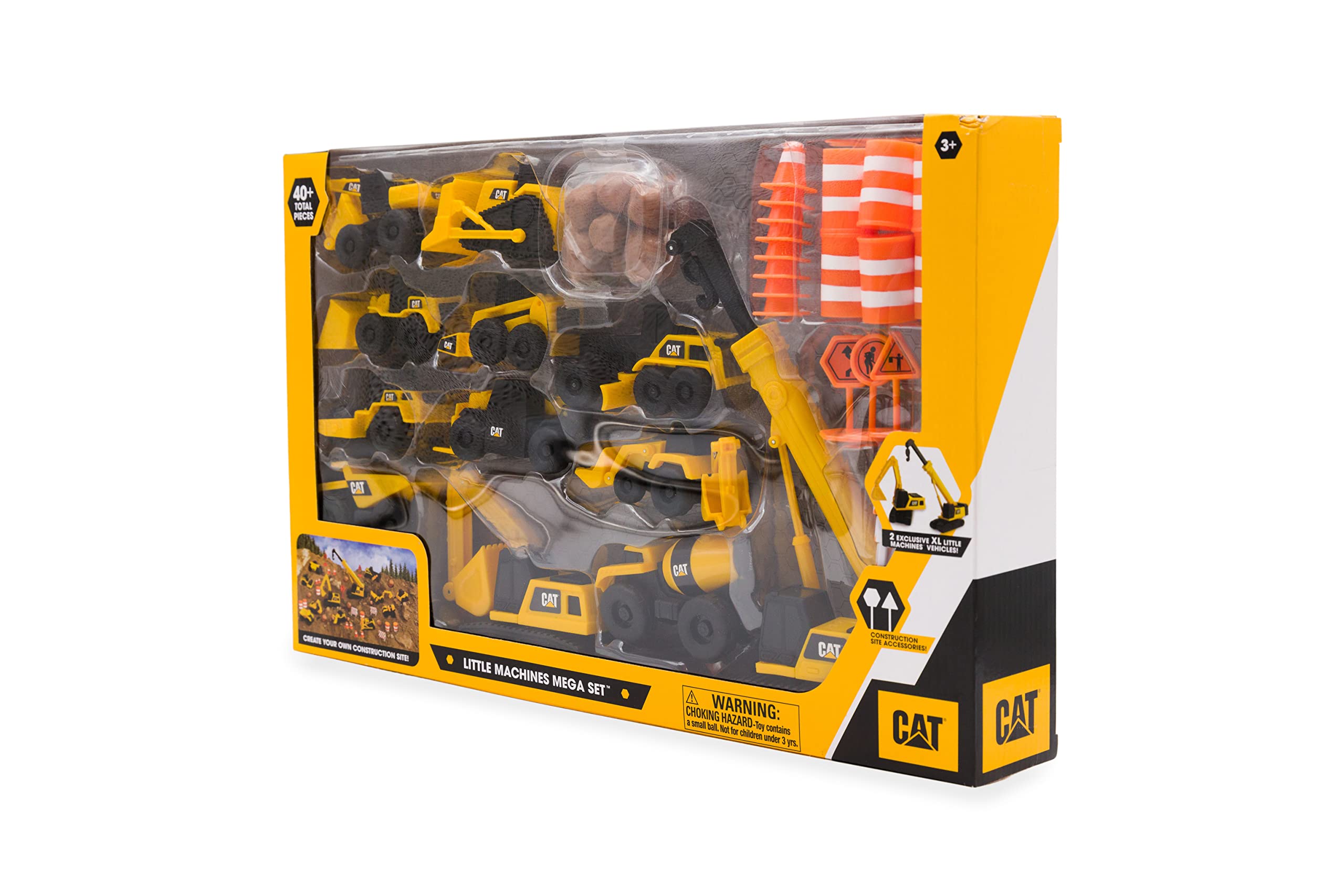 CAT Construction Toys, Little Machines Mega Set – 40+ Pieces with XL Crane & Excavator, 10 Mini Vehicles, Road Signs, Cones, Boulders & Barricades, Indoor/Outdoor STEM Toy for Kids Ages 3 +