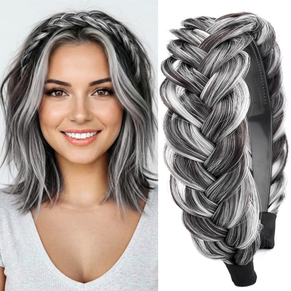 GLEDOLA Wide Messy Braided Headband with Teeth Synthetic Hair Plaited Headband High Elasticity Braids Chunky Fishtail Braided Hair Band Hairpiece for Girls Women (Dark Gray)