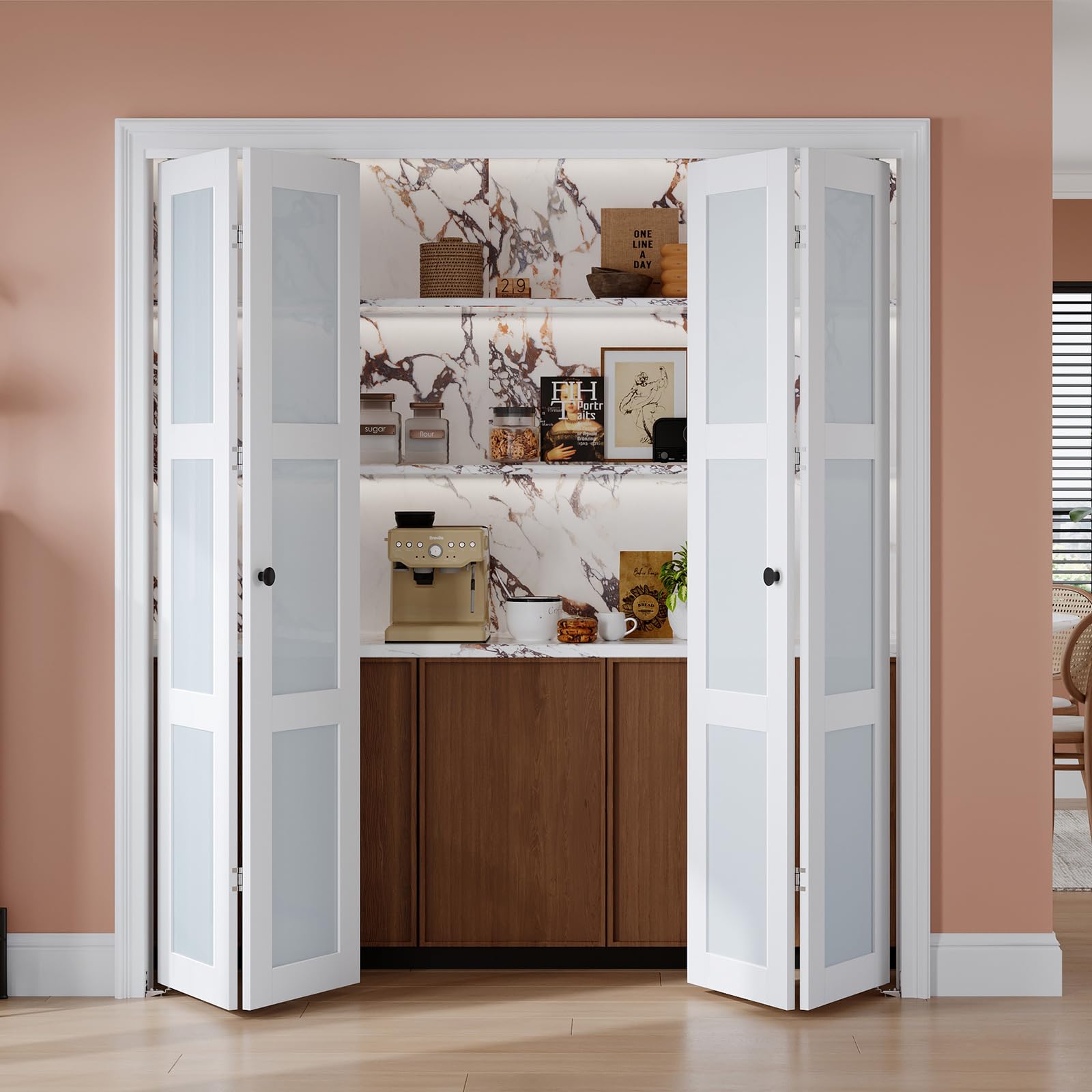 Photo 1 of (used)(unknown if complete) EaseLife Preassembled Bi-Fold Doors, for 72"x 80" Opening,Tempered Frosted Glass Closet Folding Barn Door with Concealed Hardware