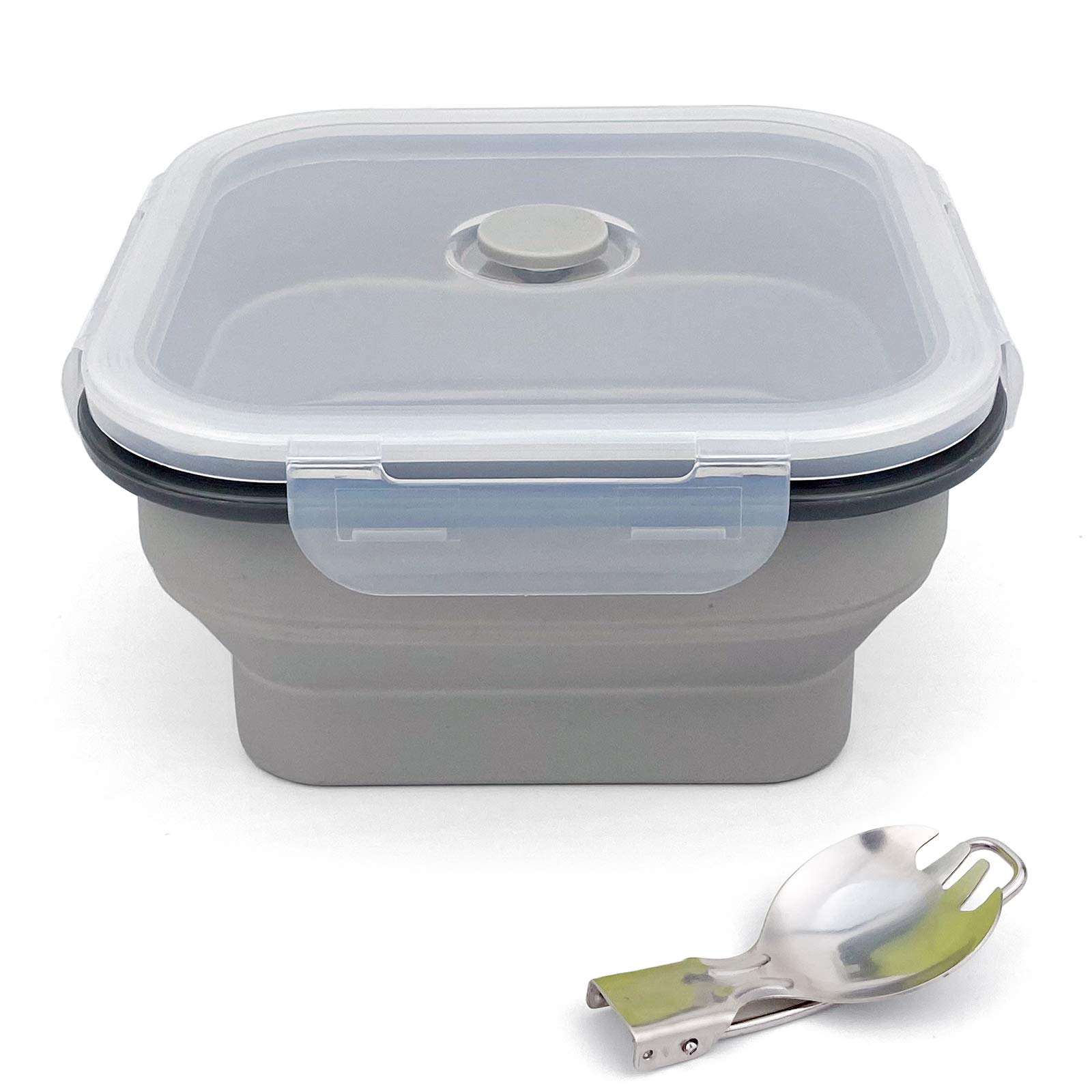 Ewrap 1200ml Large Collapsible Bowl, Portable Silicone Camping Bowl, with Foldable 2 in 1 Fork Spoon, Save 1/2 Space, Use in Microwave and Freezer, Grey