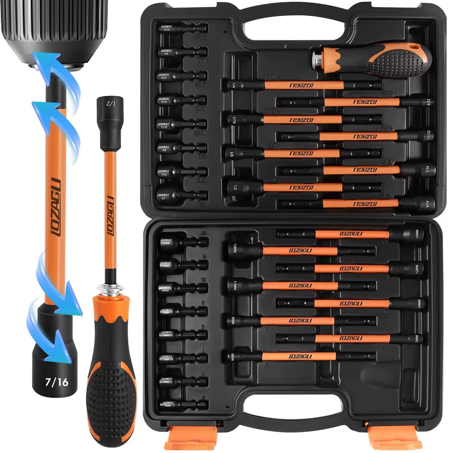 Photo 1 of LOZAGU 33PCS Magnetic Nut Driver Set with Handle | 6 Inch Long Nut Driver Set | SAE and Metric | 1/4 Inch Hex Shank | Cr-V Steel