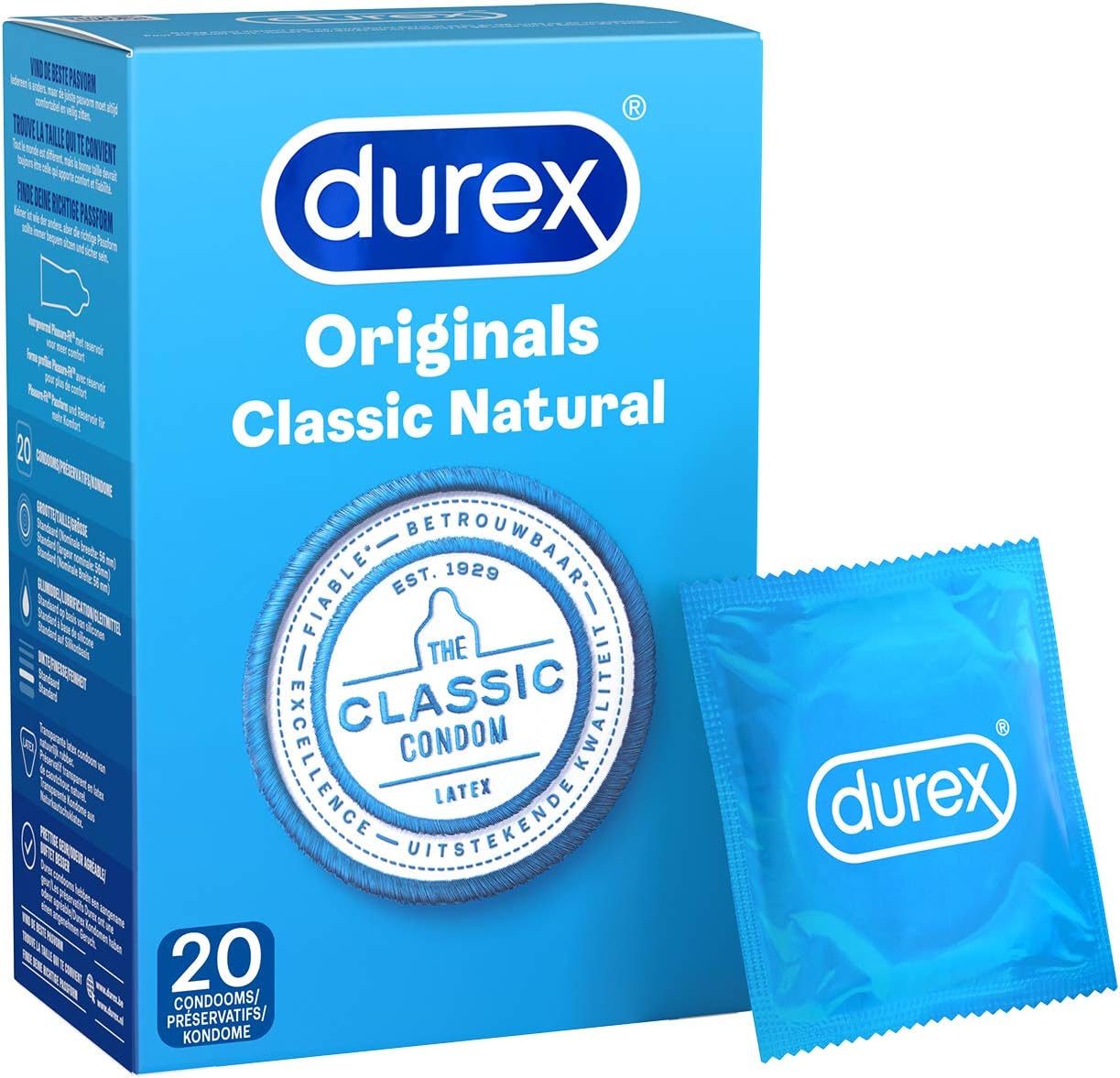 Durex Classic Natural - 20 Condoms, 0.02 kg, D-3033692, 20 count (Pack of 1)