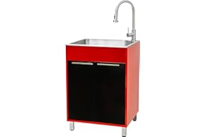 PRESENZA Large W24.1 x D21.3 x H33.8 Stainless Steel Laundry Sink with Faucet Red & Black Metal Laundry Cabinet – Deep Utilit