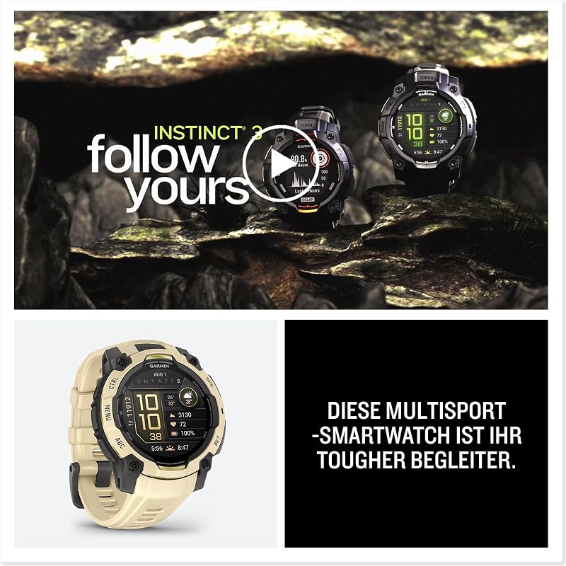 Instinct 3 45mm AMOLED – Multisport-Smartwatch, 1,2" Display, bis zu 18 Tage Akkulaufzeit, 80+ Sport-Apps, Navigationsfunktion, smarte Features, LED-Taschenlampe, wasserdicht