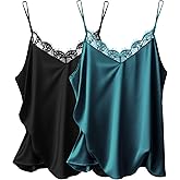 Ekouaer Women's Satin Camisole Lace Silk Satin Pajama Tank Tops V Neck Soft Spaghetti Strap Loose Sleepwear
