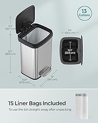 SONGMICS Kitchen Trash Can, 13-Gallon Stainless