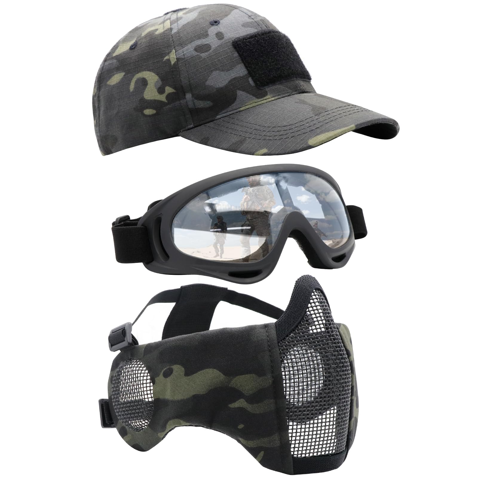 Yzpacc Airsoft Half Face Mask with Goggles& Patch Hat Set, Tactical Masks Full Face Ear Protective Baseball Cap for CS Halloween and Game (BCP, 3PCS)