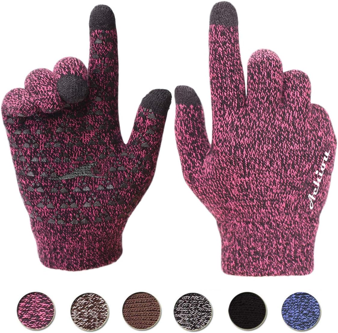 Achiou Winter Knit Gloves Touchscreen Warm Thermal Soft Lining Elastic Cuff Texting Anti-Slip 3 Size Choice for Women Men: Clothing