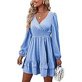 Rooscier Women's Wrap V Neck Swing Ruffle Swiss Dots Long Sleeve Mini Dress