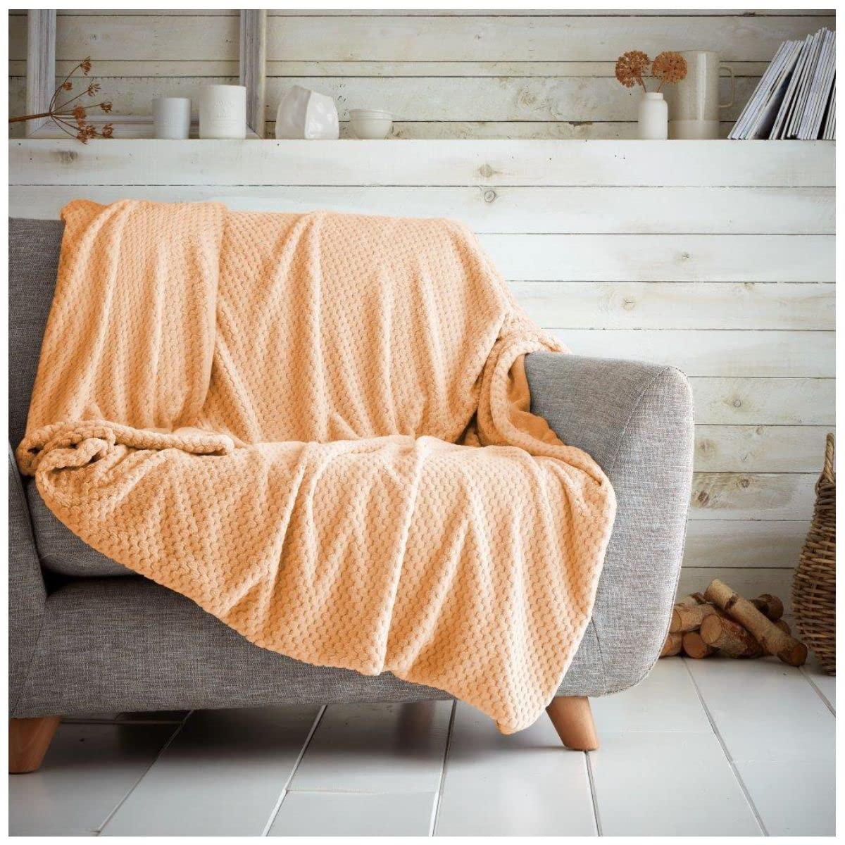 Luxury Popcorn Honey Comb Sofa Bed Blanket, Easy Care Super Soft & Warm Fluffy Settee Waffle Throw, Peach, 200X240