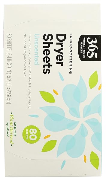 365 BY WHOLE FOODS MARKET, FABRIC-SOFTENING DRYER SHEETS, UNSCENTED, 80 COUNT
