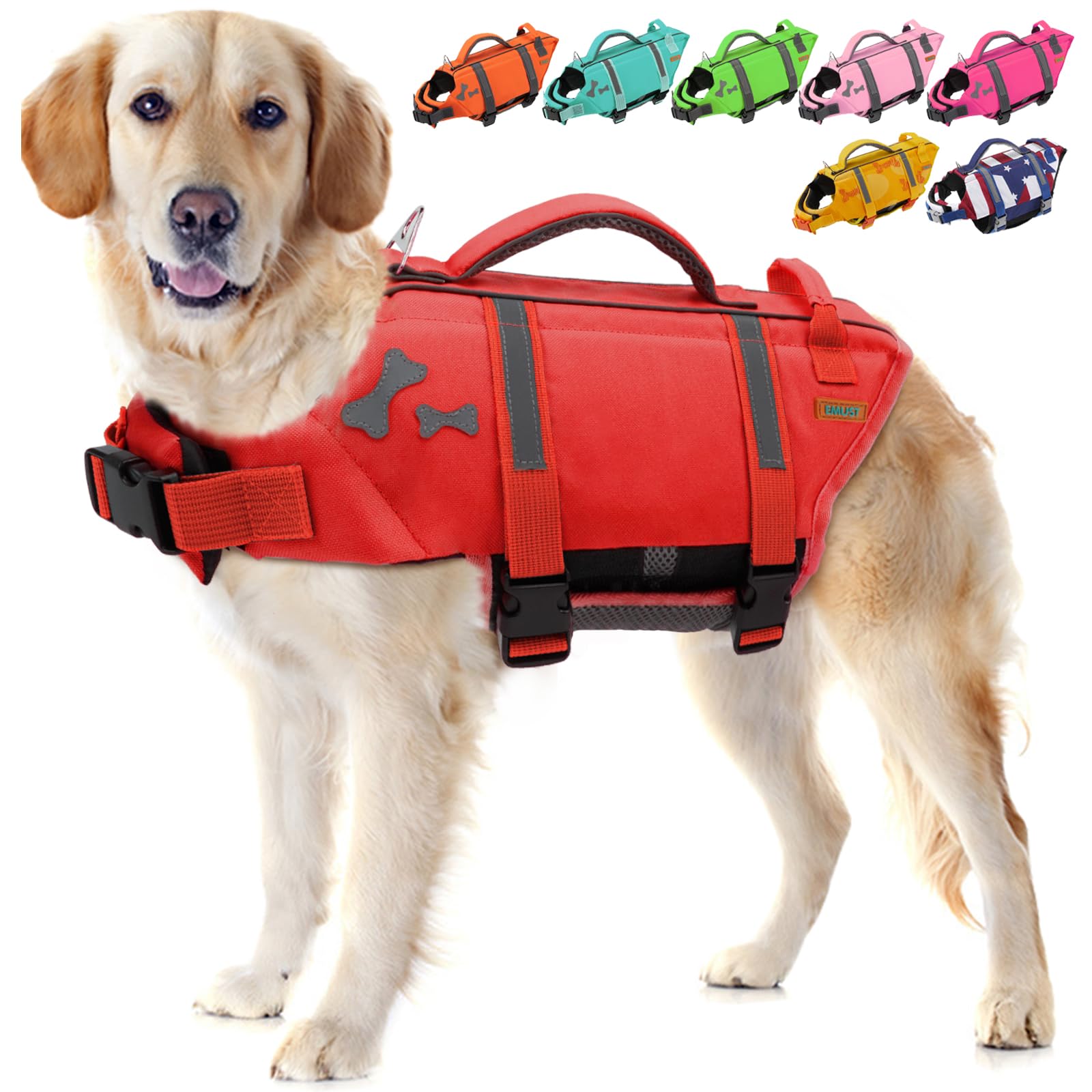 EMUST Life Vest With Rescue Handle for Dogs - Flotation Jacket for Small/Medium/Large Dogs, XS, NewRed