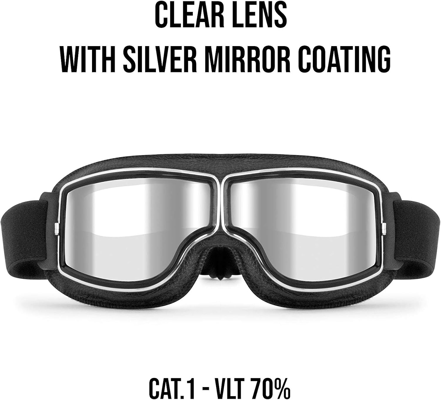 BERTONI Motorcycle Riding Goggles, Black Leather with Chromed Frame, Anticrash Ventilated Lens AF188 - Image 3