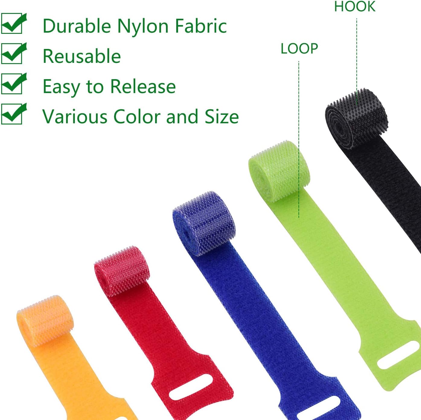 OneLeaf 60 PCs Reusable Cable Ties, Hook and Loop Cable Straps Cord