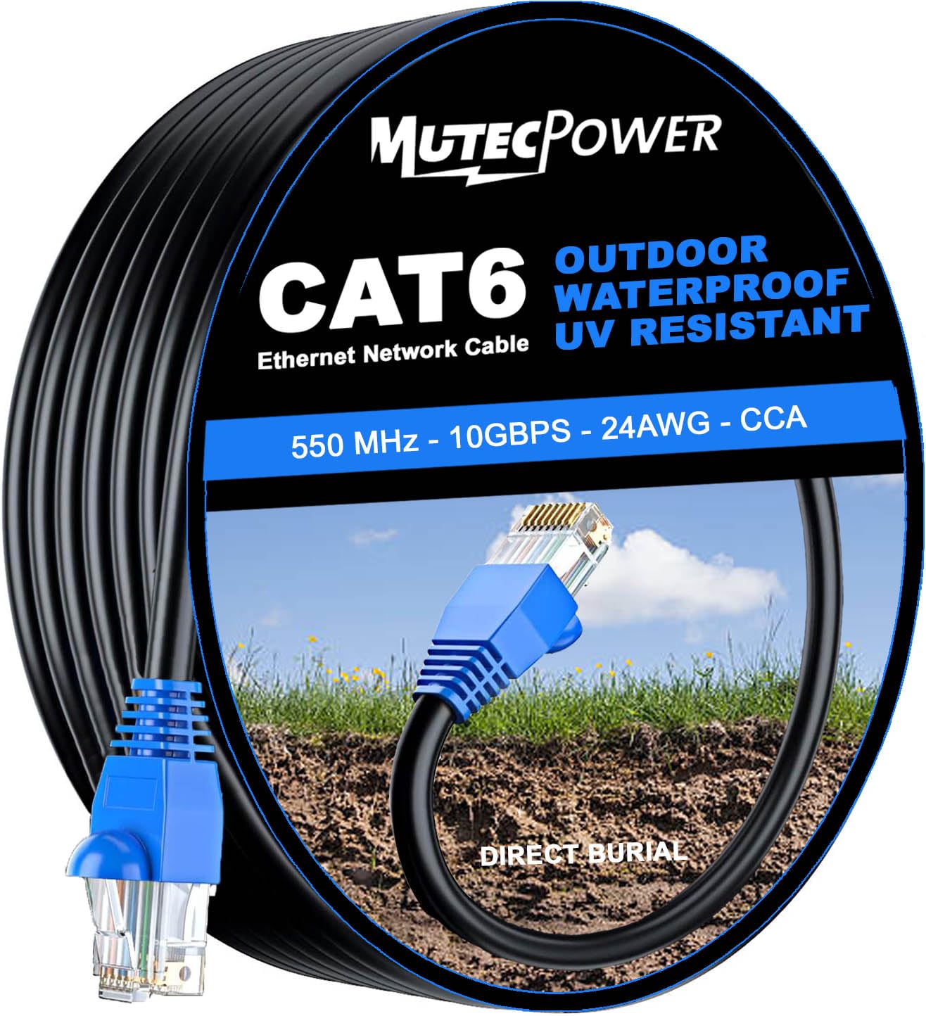 MutecPower 75m CAT6 Outdoor waterproof Direct Burial Ethernet Network Cable - UTP - CCA - 550 Mhz - Black 75 meter