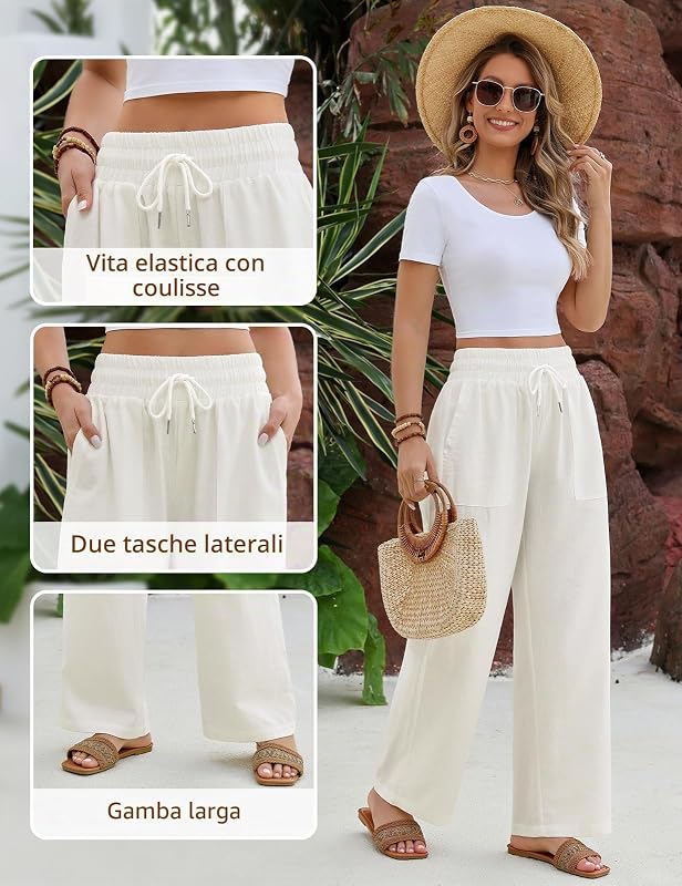 Pantaloni Lino Donna Estivi Pantaloni Larghi Leggeri Comodi Vita Alta Pantaloni Solido Sciolto Gamba Larga con Tasche (Bianco, S)