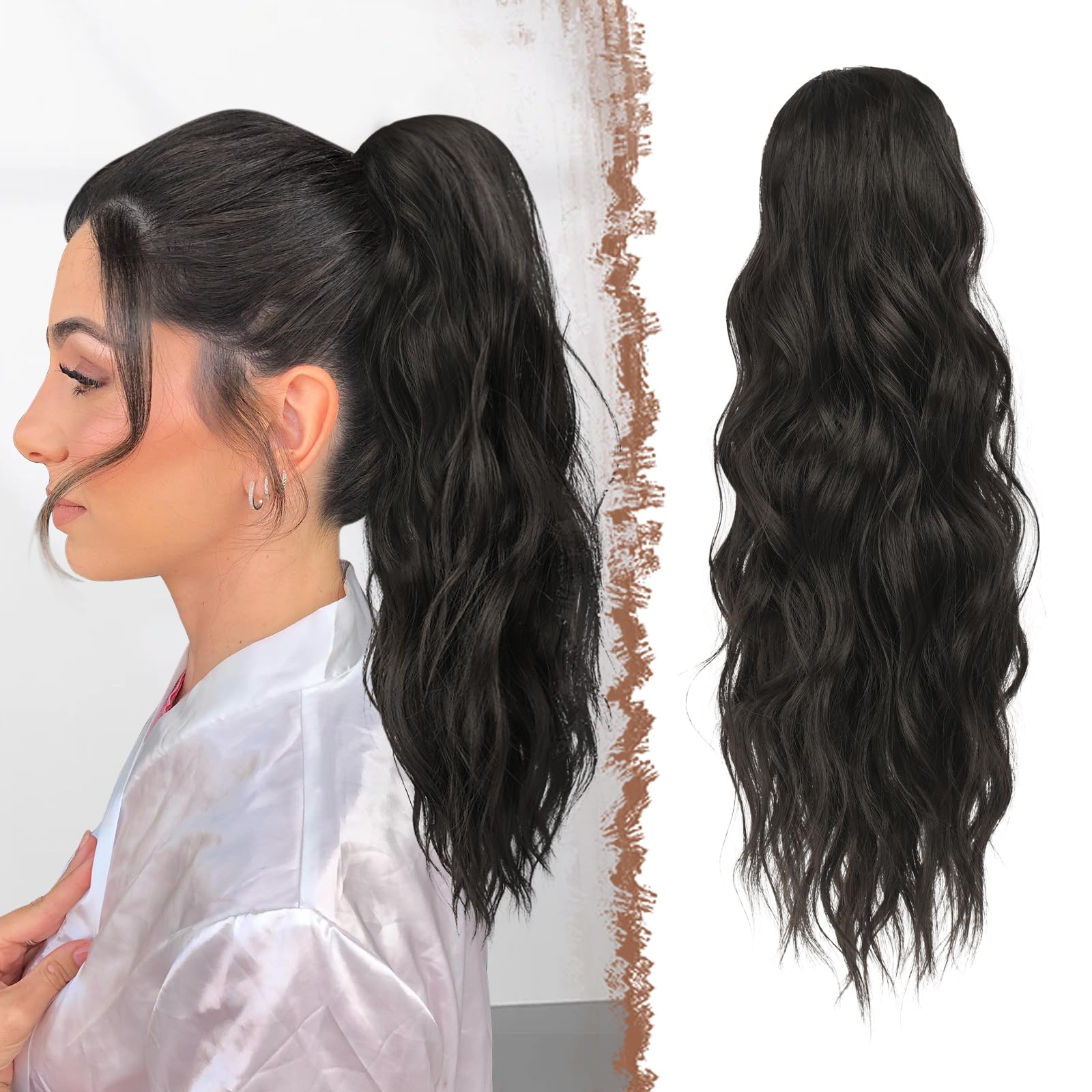 FESHFEN Ponytail Extensions, Drawstring Ponytails Hair Extension Natural Black Long Curly Wavy Hair Piece Synthetic Black Pony Tail Hairpieces for Women, 18 inch