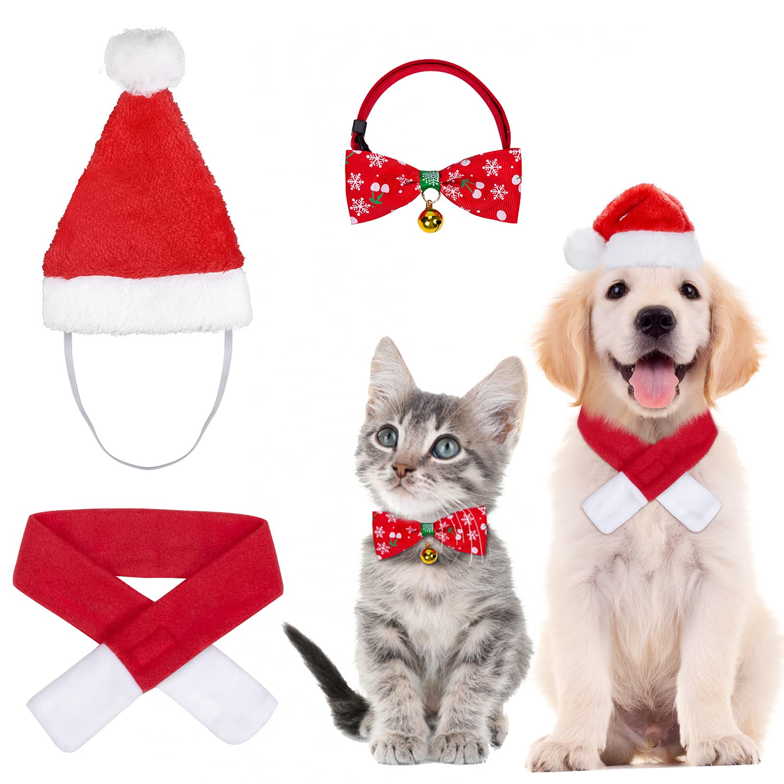 MELLIEX 3 Pack Pet Christmas Costume Outfit Set Christmas Dog Scarf Santa Hat Bow Tie for Dog Cat Pet Christmas Party Cosplay Supplies