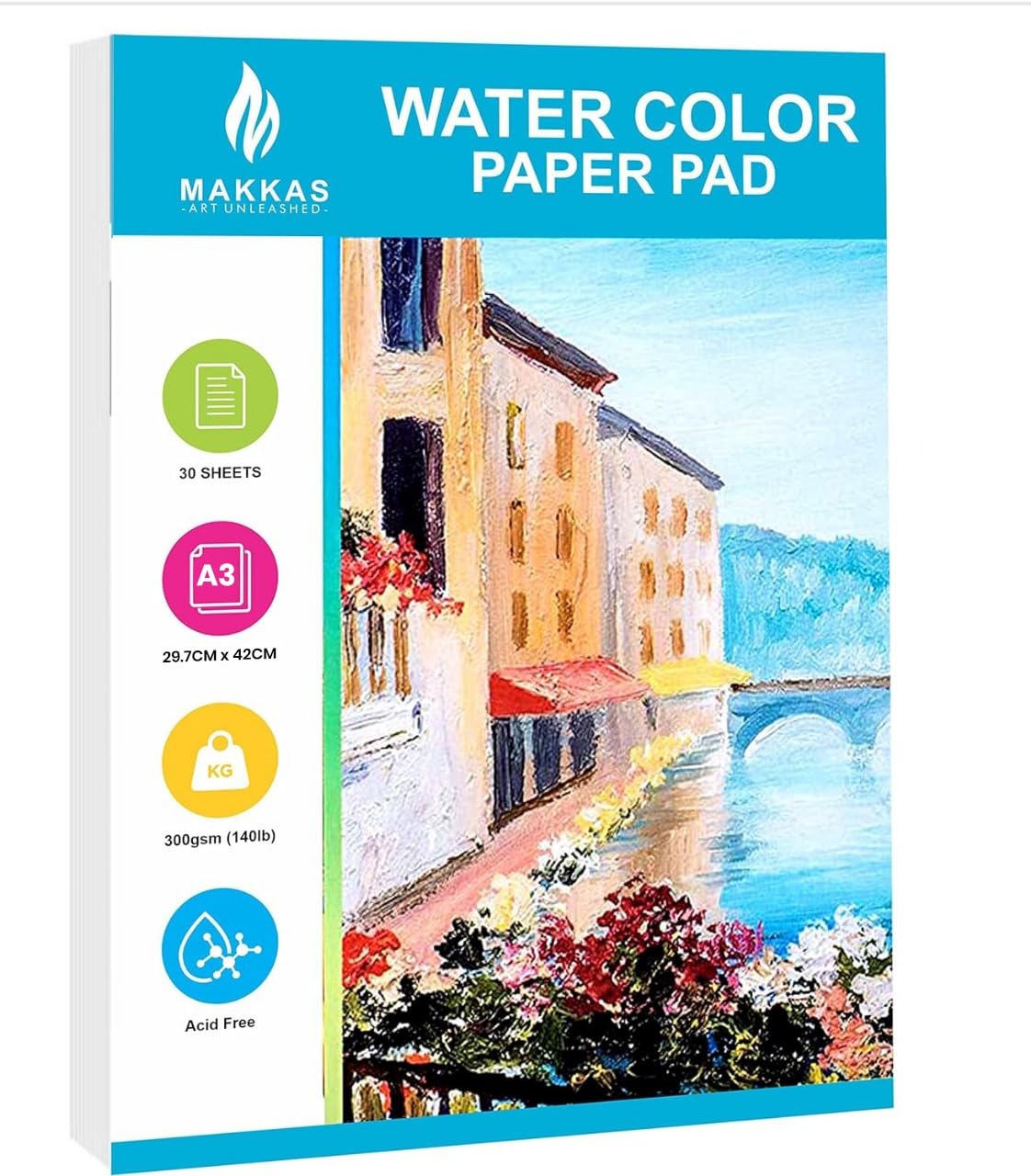 Makkas Watercolour Paper Pad A3 30 Sheets 140lb / 300gsm Cotton Blend Student Grade | Includes Pad Only | Cold Pressed & Acid Free Watercolour Sketchbook