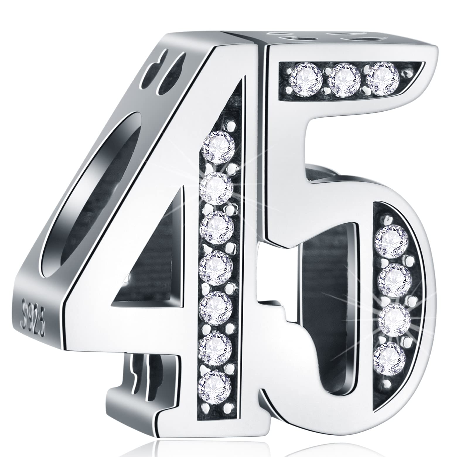 45 Anniversary Charms fits Pandora Charm Bracelet, 925 Sterling Silver 45th Birthday CZ Beads, Number 45 Years Old Gifts for Grandmother/Grandfather/Wedding