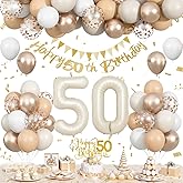 50th Birthday Decorations, Sand White Gold Party Decoration with 50 Year Old Foil Balloon Set, Beige Gold Happy Number 50 Birthday Banner with Cake Decoration for Women Men Boho Party Supplies