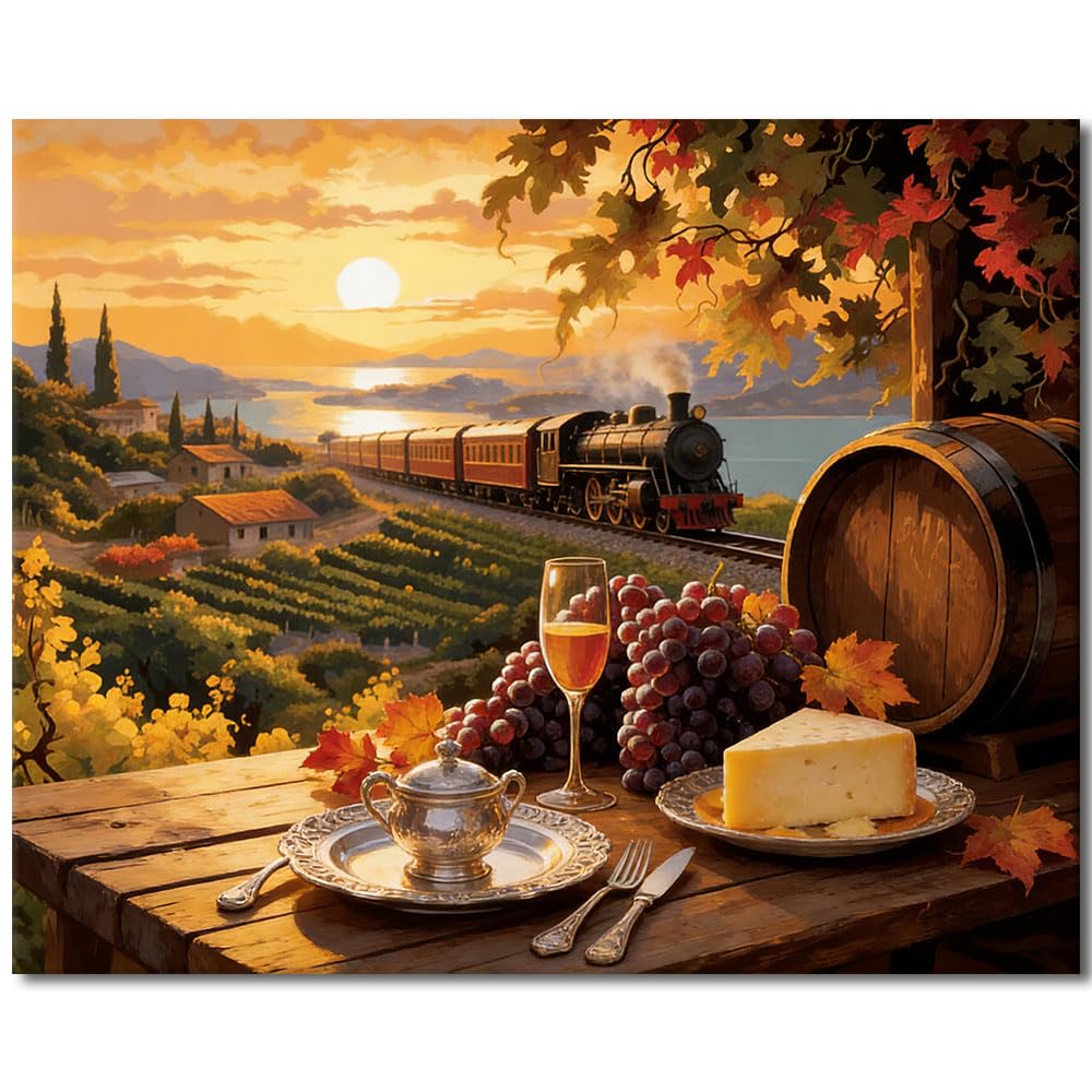 TISHIRON Paint by Numbers Kit for Adults, Adult Paint by Number Kits for Beginner - Sunset Vineyard Landscape with Steam Train Passing by, Serene DIY Artwork for Home Decor(16x20 Inch)