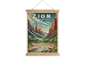 XIAOAIKA Vintage Zion National Park Travel Poster with Wooden Scroll Frame – Holiday Decoration or Gift for Living Room, Bedroom, Office Wall Decor, Retro Art Print 16 x 23 Inches