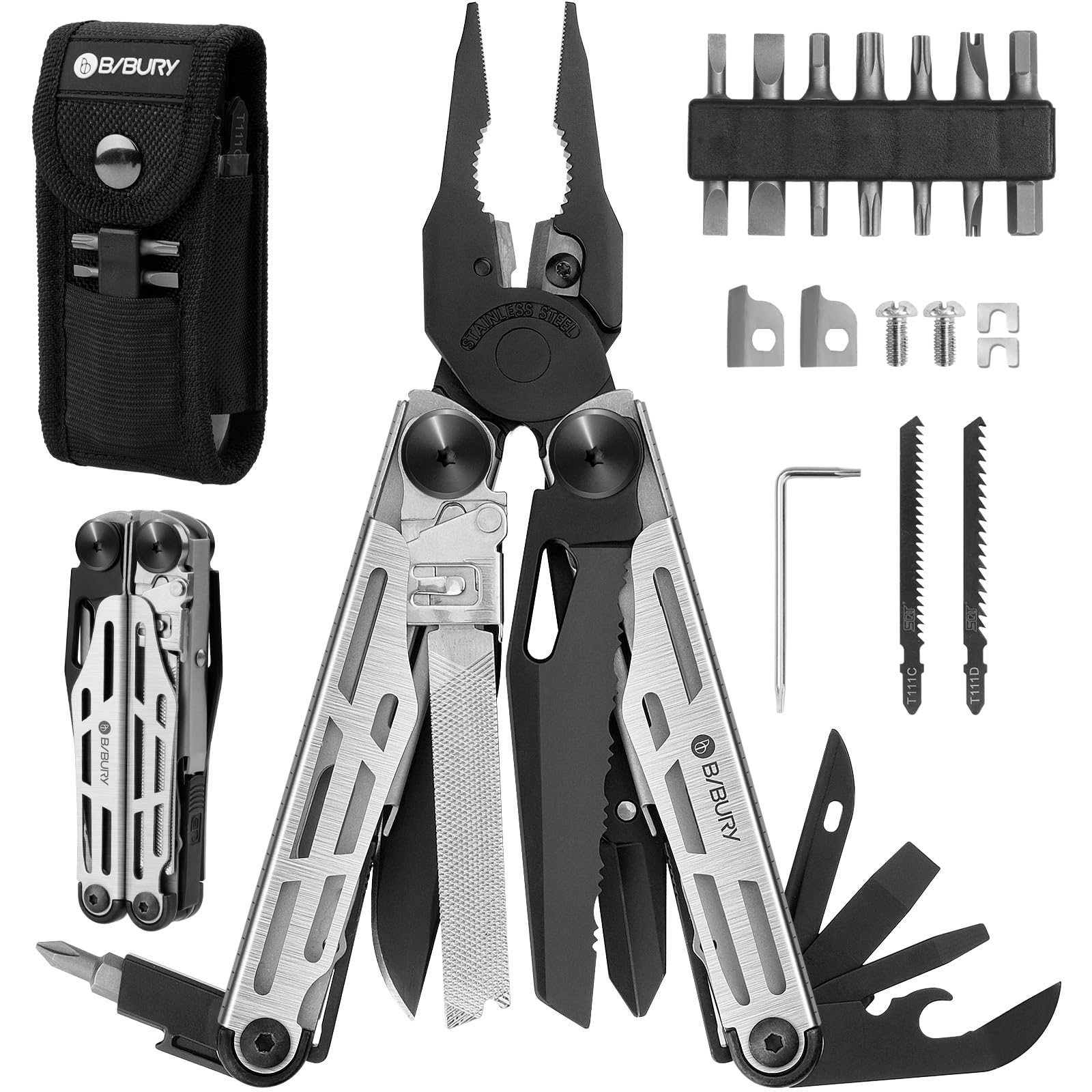 Photo 1 of BIBURY Multitool Pliers Pro BI2045, Foldable Multitools with Replaceable Wire Cutters and Saw, Stainless Steel Multi Tool w/Upgraded Scissors and Screwdriver Set, Ideal for Camping, Hiking, Survival