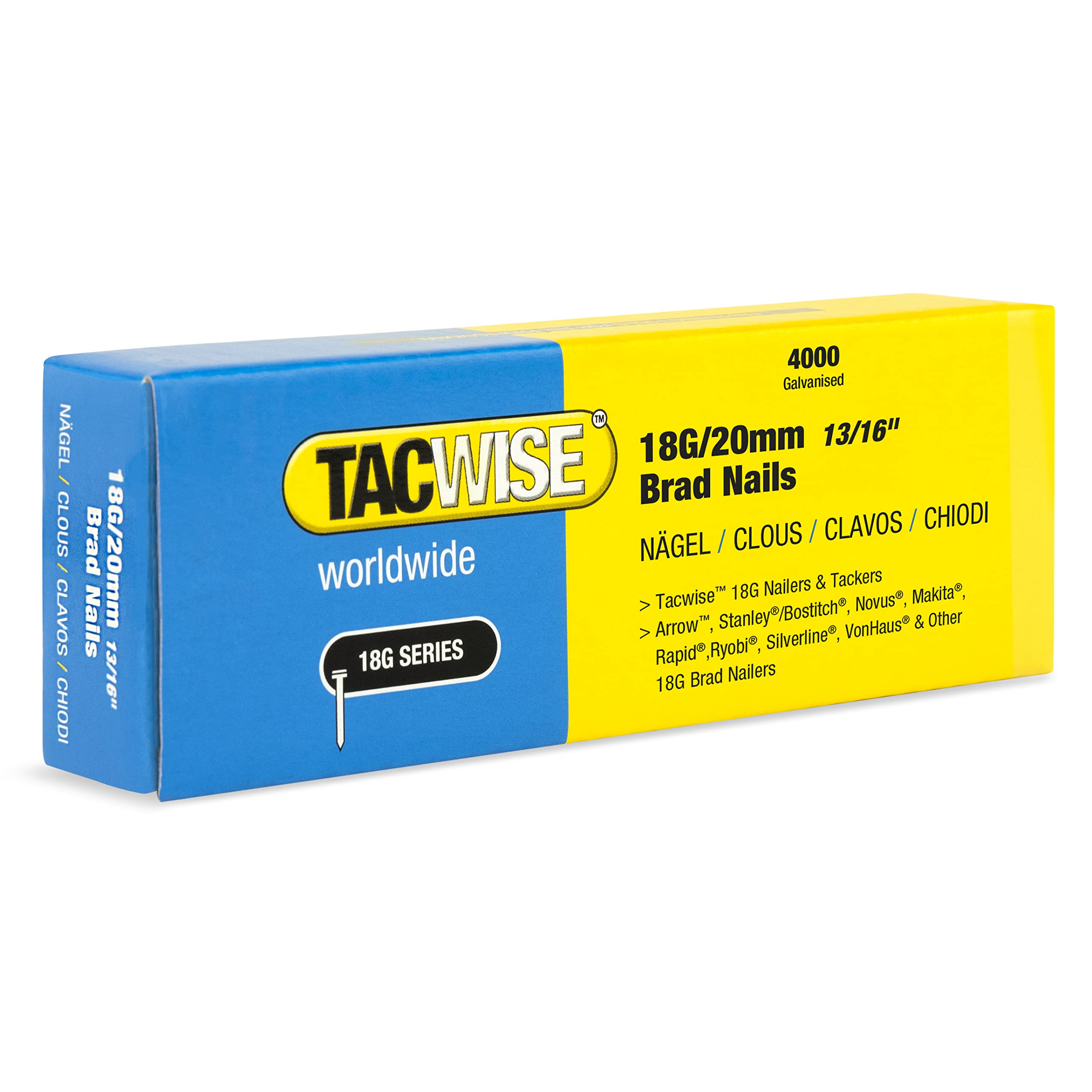 Tacwise 1709 Type 18G / 20 mm Galvanised Brad Nails, Pack of 4,000
