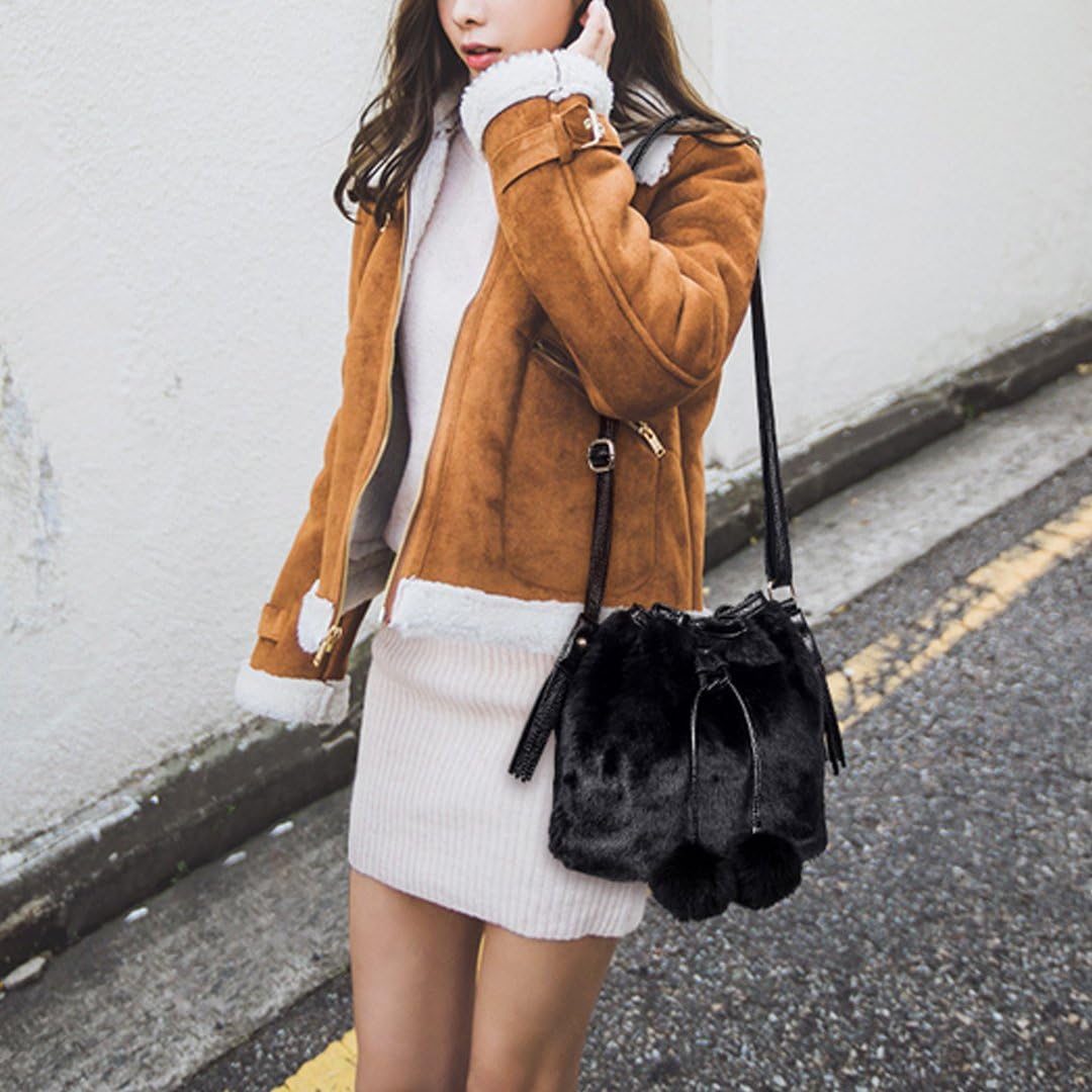 Millya Winter Women Shoulder Bag Faux Fur Drawstring Bucket Bag Plush Fluffy Handbag Tassel Crossbody Bag - Image 3