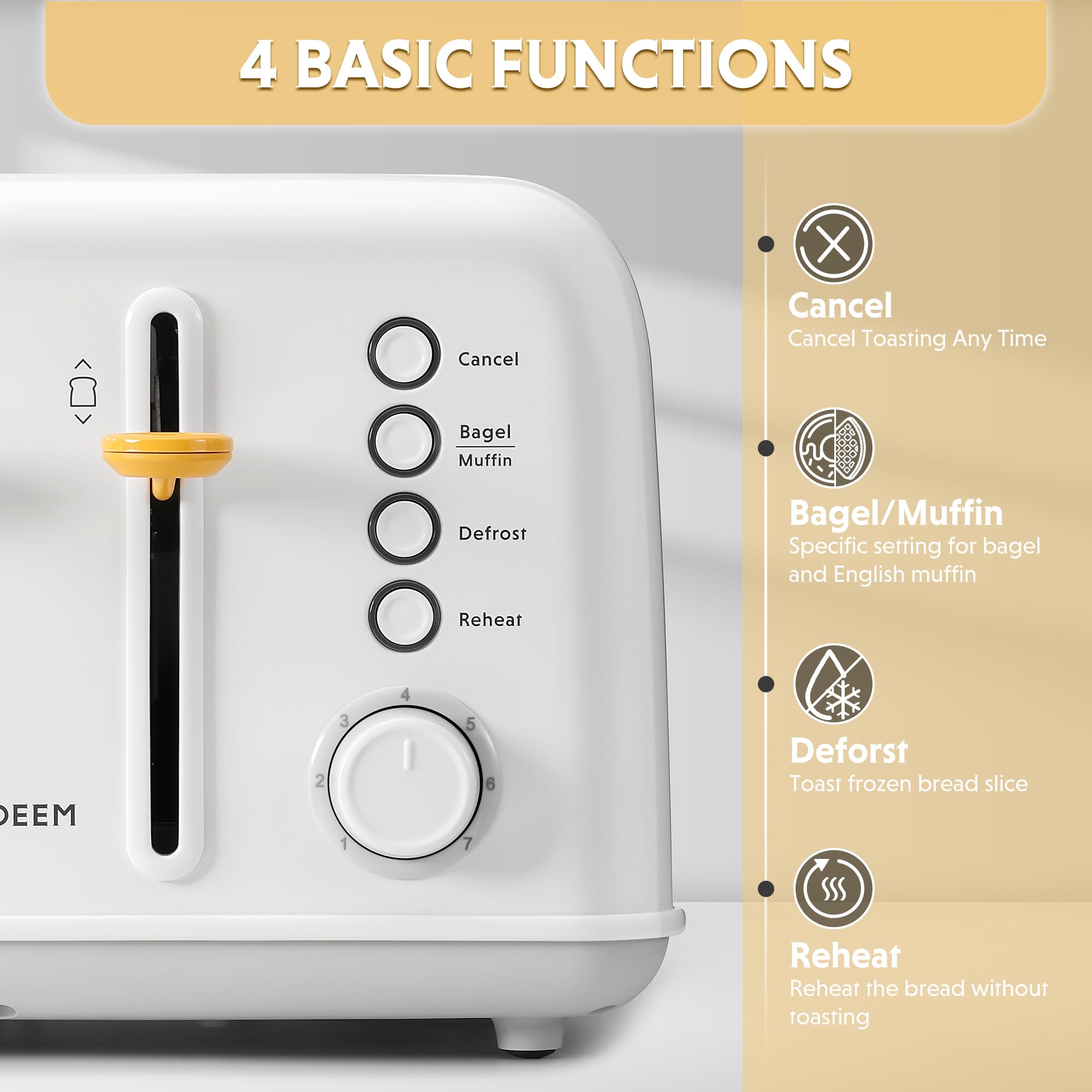 BUYDEEM DT640 Tostadora de 4 rebanadas, ranuras extra anchas, acero inoxidable con palanca de elevación alta, función para bagels y muffins, bandeja para migas extraíble, 7 ajustes de sombra, blanco ártico