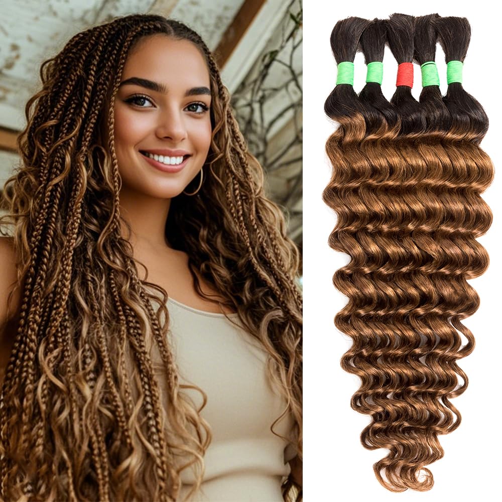 Boho Braids Human Hair Extensions for Braiding Human Braiding Hair for Boho Braids Human Hair Bundles Deep Wave Bundles Human Hair for Braiding No Weft 18 inch Curly 5 Bundles Total 100g #T1B/30 Color