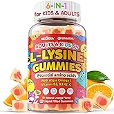 L-Lysine Gummies 500/1000mg with Algae Omega 3, Vitamin B2, D3, K2, C for Kids 9+, Teen & Adult, Lysine Supplement Support Immune, Lip & Oral, Collagen Production, Brain, Bone Health, Sugar Free 1Pack