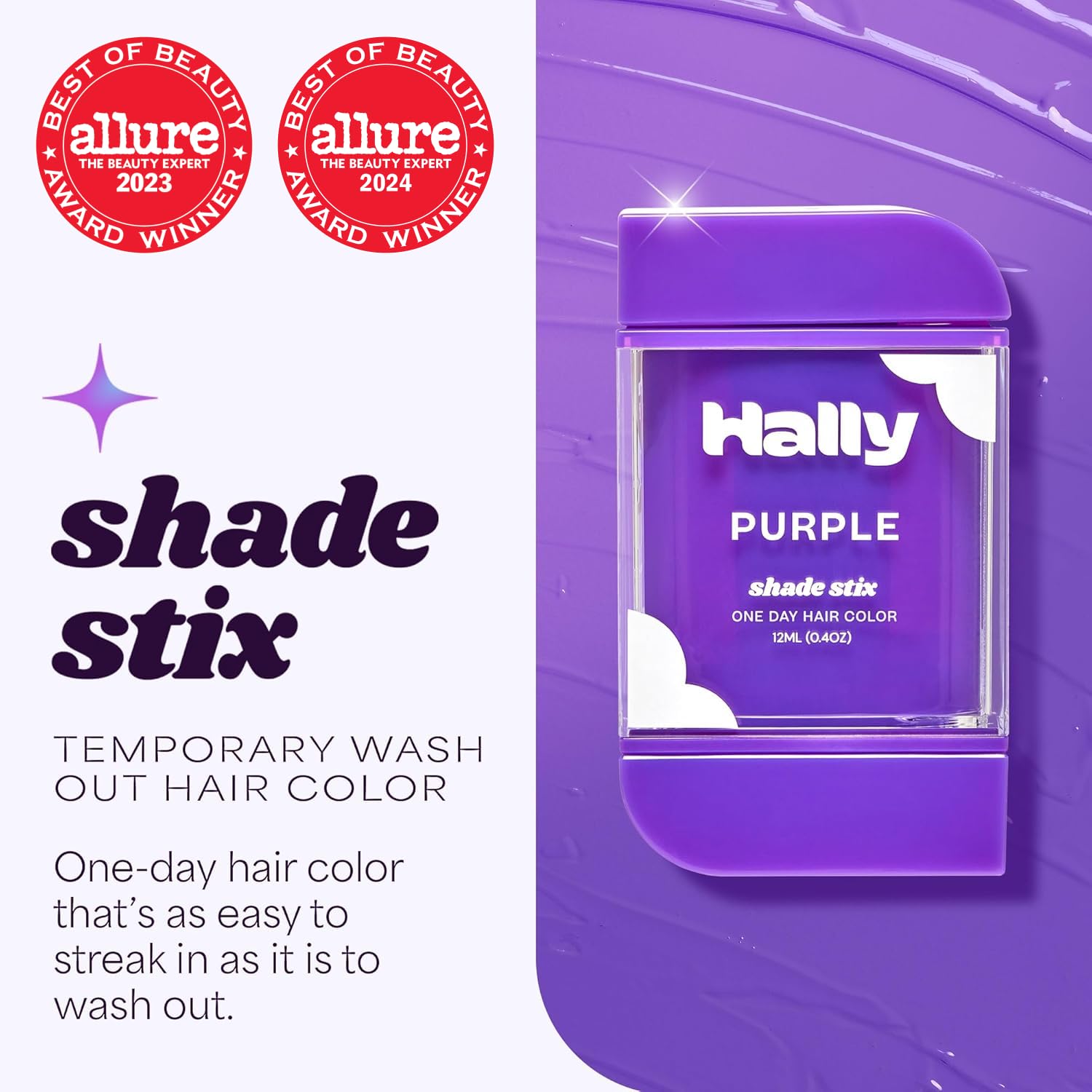 Hally Hair Temporary Hair Color, Shade Stix (Purple) - Halloween Hair Makeup Accessories for Kids, Teens & Adults - 12 ml Washable Hair Chalk & Dye for Festivals, Sporting Events & Parties