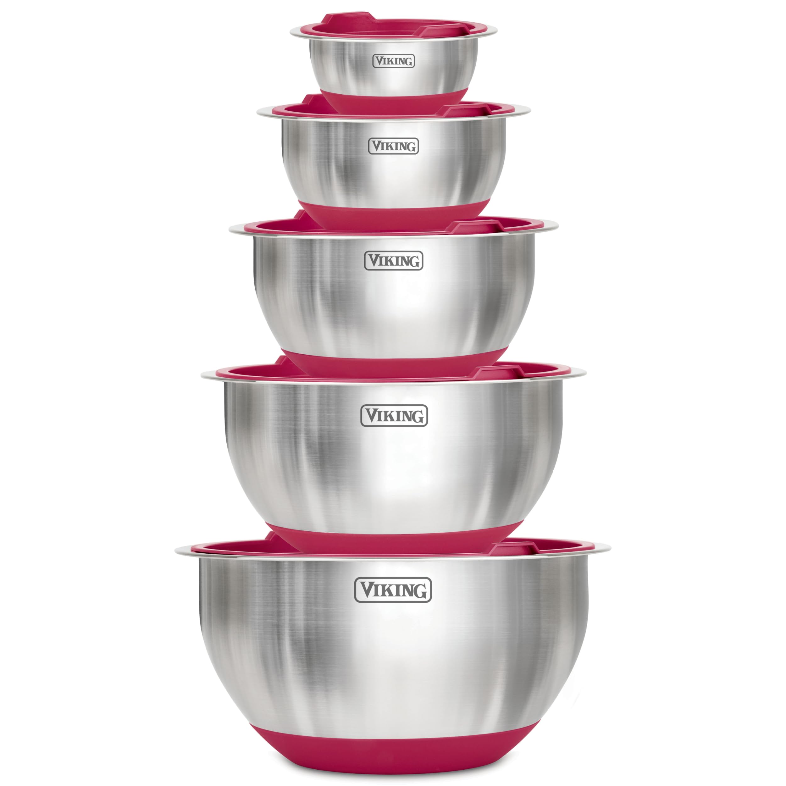 Photo 1 of VIKING Mixing Bowls Set, 10 Piece Stainless Steel Kitchen Cookware, Non-Slip Silicone Base, Includes Tight Fit Lids, Dishwasher Safe, Red
