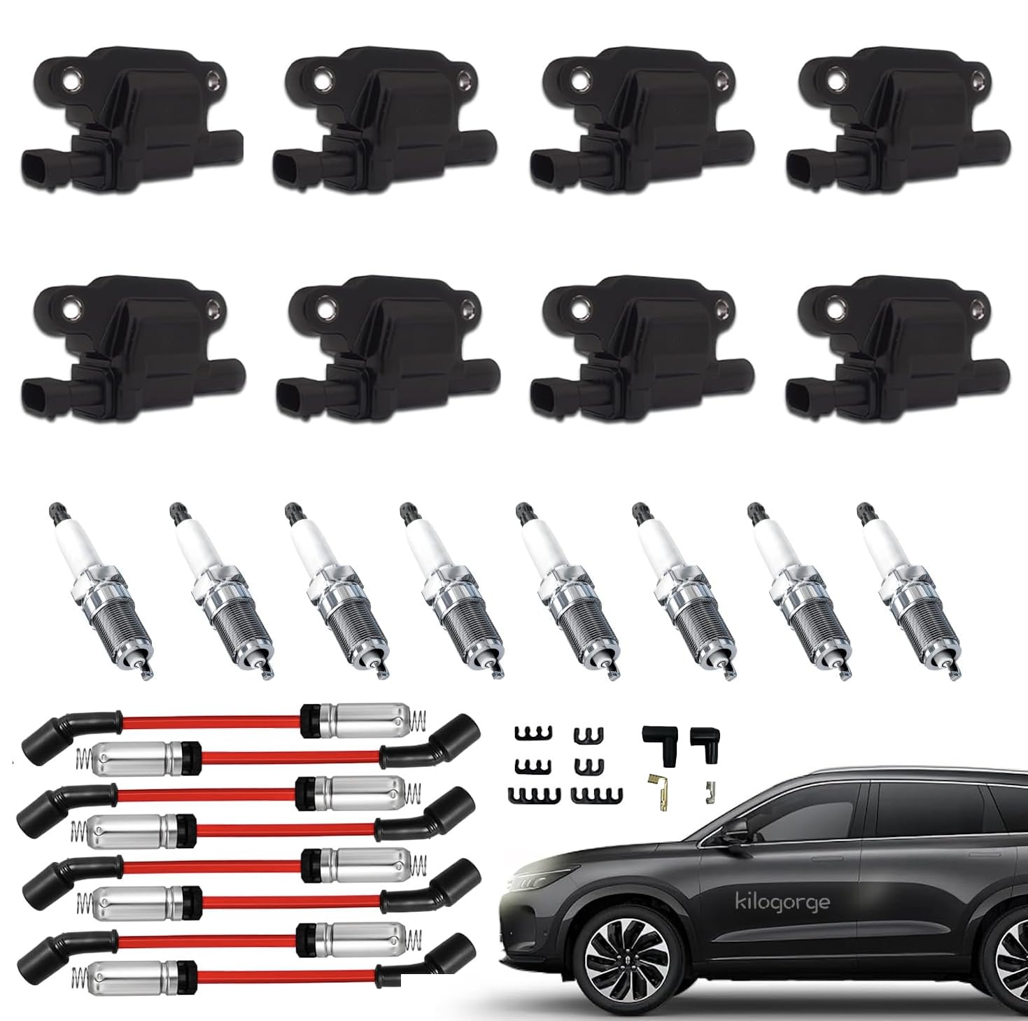 Photo 1 of kilogorge tune up kit spark plugs and wires coil, 8 Packs UF413 D510C D513A Ignition Coil Packs (Square) and Spark Plugs and Wires for V8 2007-2018 Chevy Silverado Suburban Tahoe