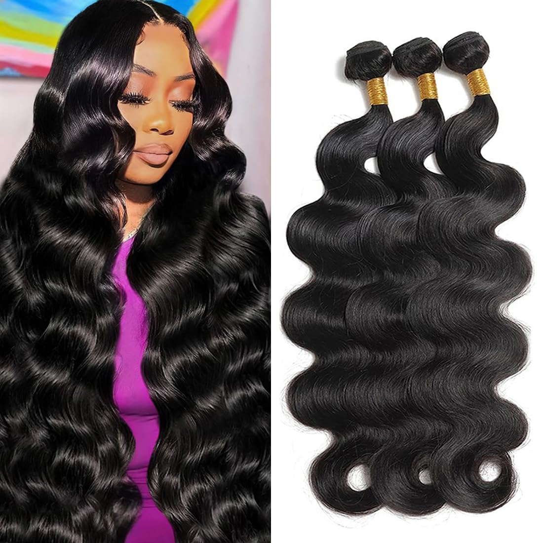 Body Wave Human Hair Bundles 24 26 28 Inch 100% Unprocessed Brazilian Quick Weave 3 Bundles deals Human Hair Extensions Natural Black for Women — image 1