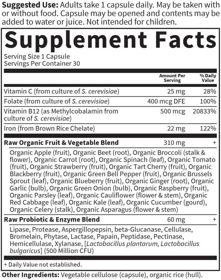 Garden of Life Vitamin Code Raw Iron Supplement - 30 Vegan Capsules, 22mg Once Daily Iron, Vitamins C, B12, Folate, Fruit, Veggies & Probiotics, Iron Supplements for Women, Energy & Anemia Support: Health & Personal Care