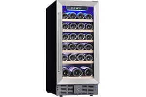 Takywep 30 Bottles Wine Fridge Under Counter, 15 Inch Wine Cooler with 40～60°F Digital Temperature Control, Safety Lock, All Wood Removable Shelves, Stainless Steel+Glass Door, Built-In Wine Cellars