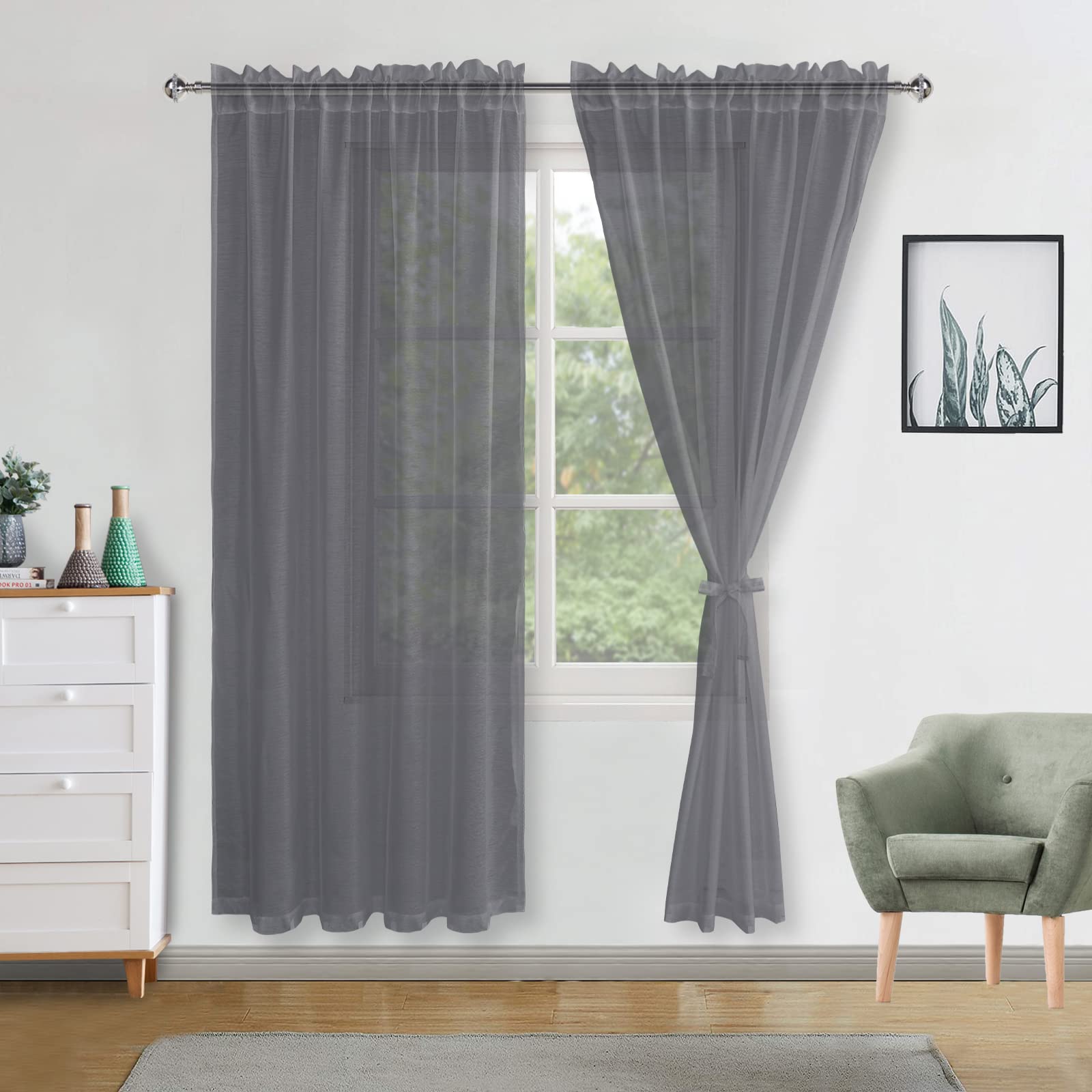 DWCN Dark Grey Sheer Curtains W52 x L84 Inch Rod Pocket Voile Curtains Semi Transparent Window Net Curtain with Tiebacks Elegant Voiles Long Soft Home Drapes for Bedroom/Kitchen/Living Room,2 Panels
